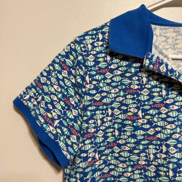 Lands End Polo Shirt Women's M Petite 10-12 Fish Print Short Sleeve Blue - Picture 3 of 7